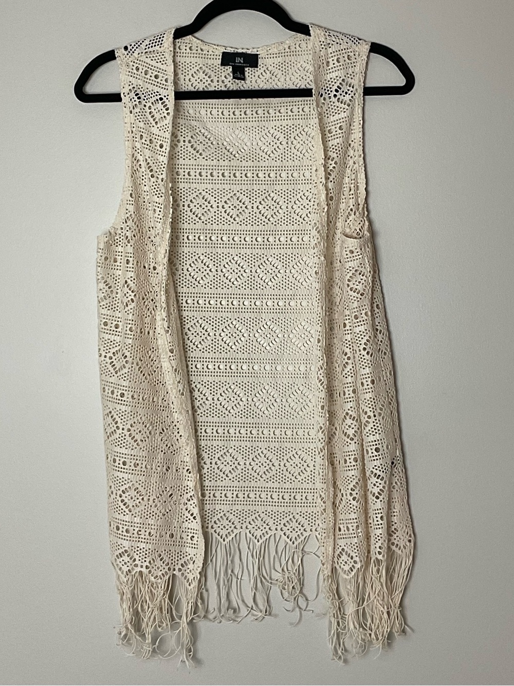 I.N. San Francisco Crochet Open Front Vest Cream Boho Hippie 1970s Large